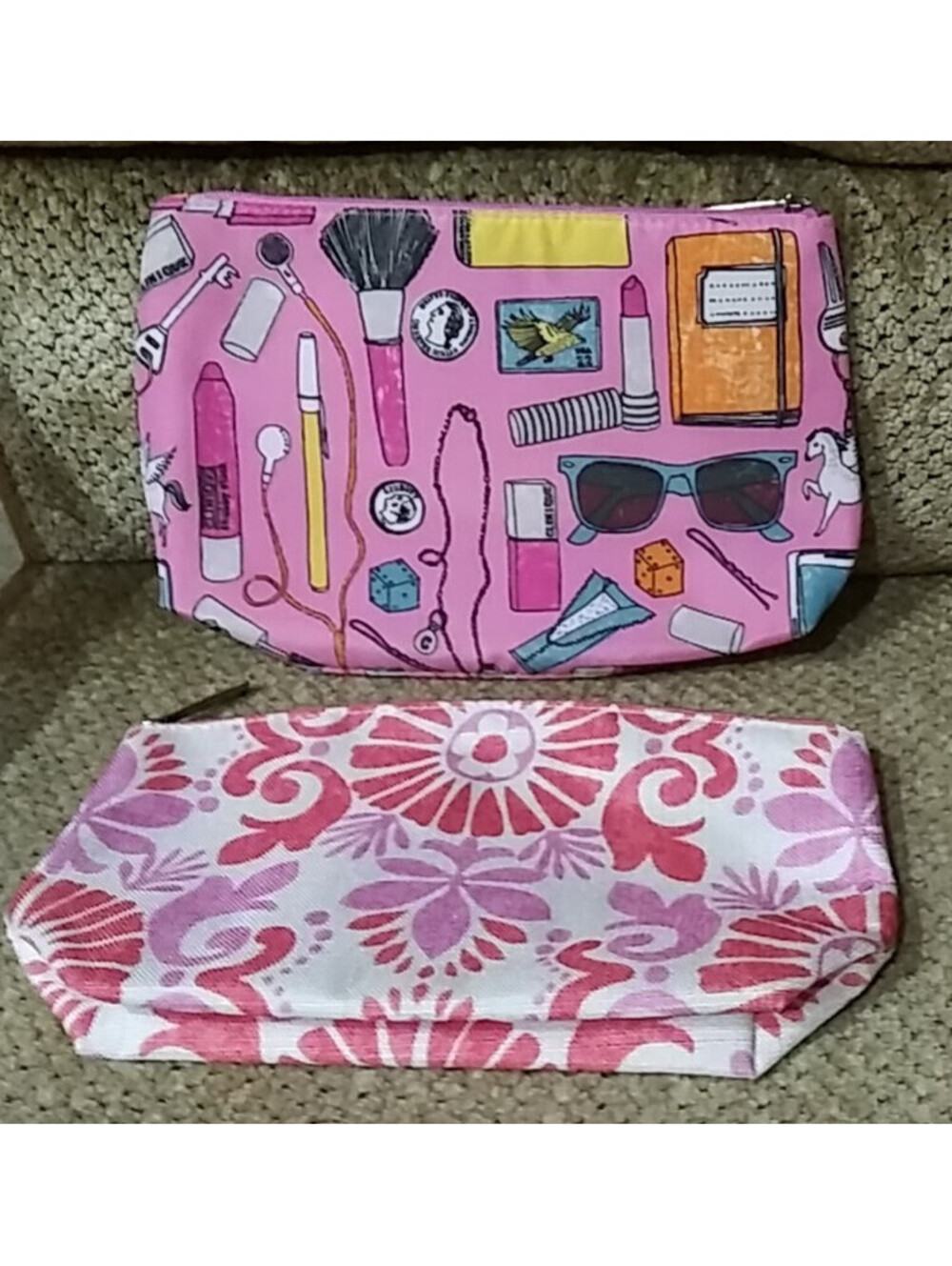 Clinique Pink Print Makeup Bag Set 2pcs Women's Cosmetic Bags New Without Tags